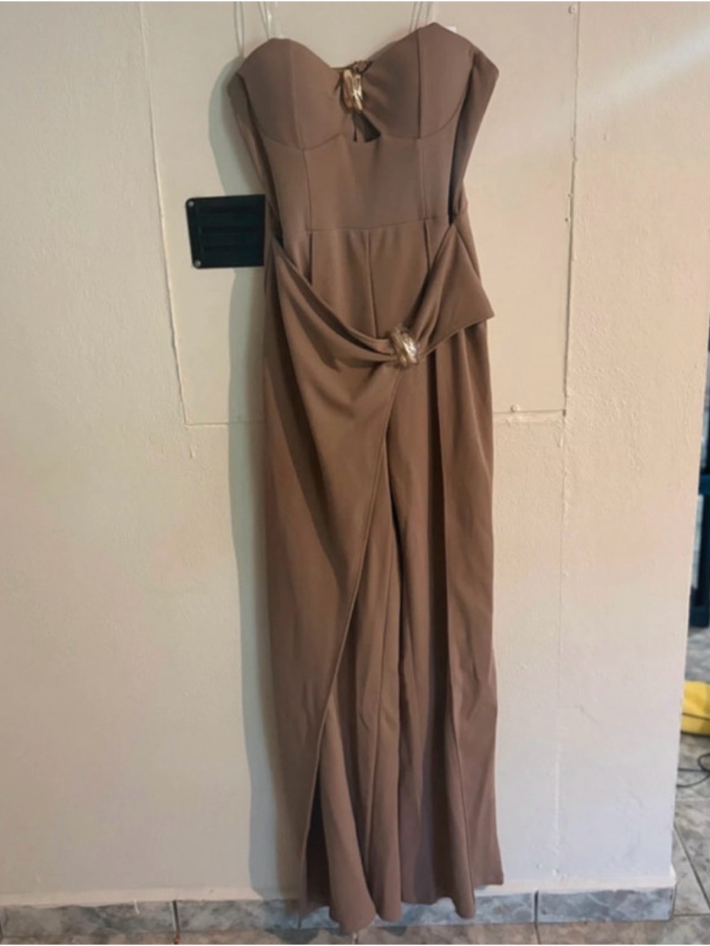 Strapless Taupe Jumpsuit with Gold Ring Detail
